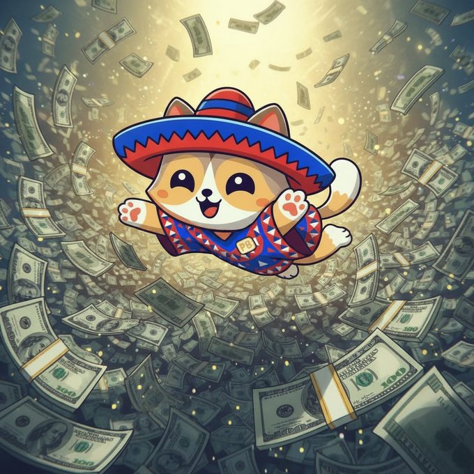 An anime-style illustration of a smiling Shiba Inu dog wearing a red sombrero and a colorful Mexican poncho, leaping joyfully amidst a massive shower of falling US dollar bills.