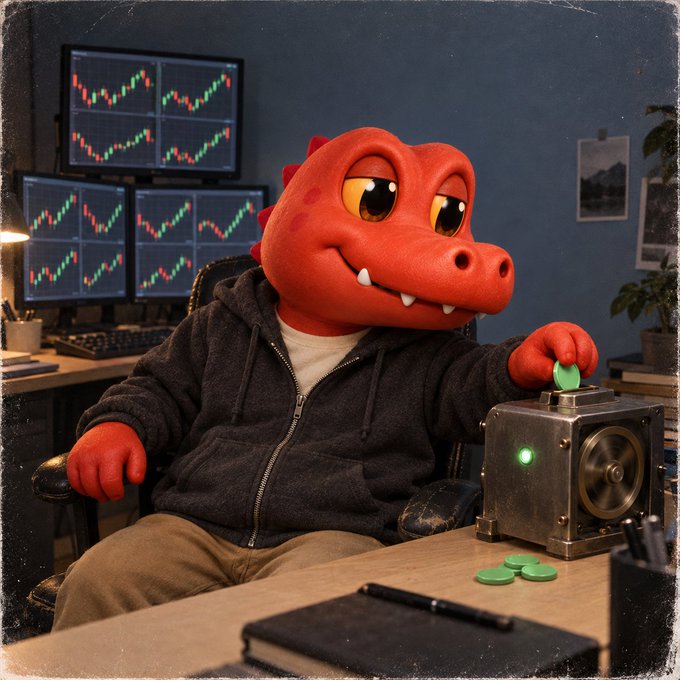 A red dragon-like character in a hoodie sitting at a desk with monitors showing stock charts, holding a green token over a metallic device.