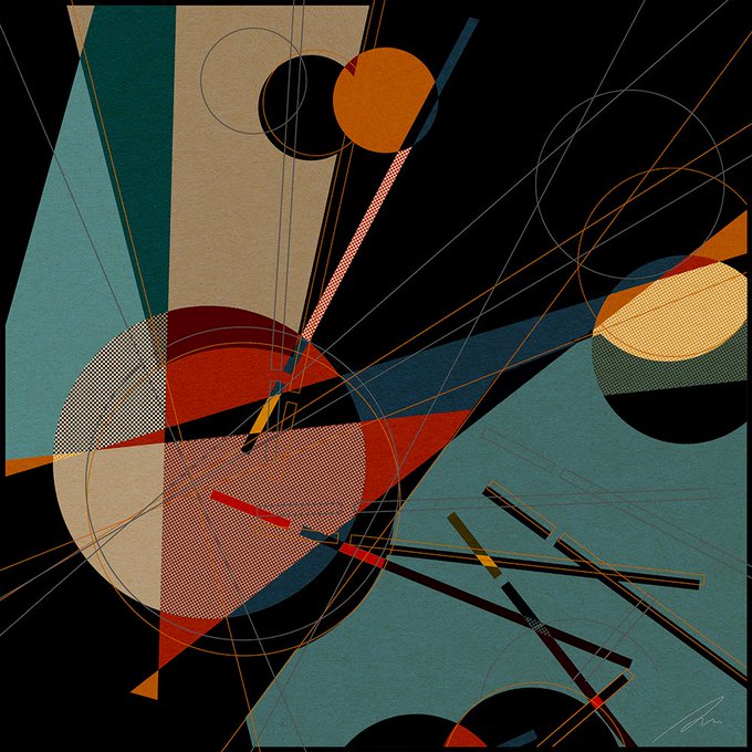 An abstract geometric composition with circles, triangles, and lines in a color palette of teal, red, orange, black, and cream on a black background.