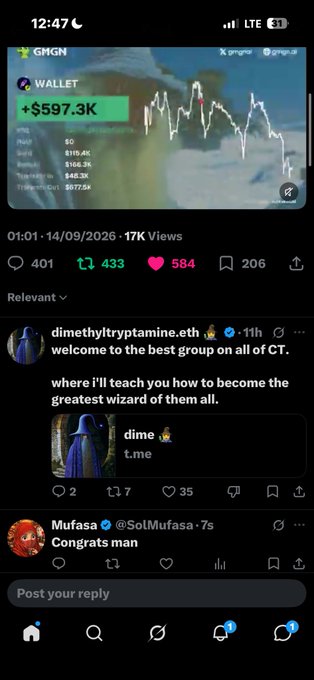 A smartphone screenshot of a social media app shows a "$MGMN" wallet tracker displaying "+$597.3K" with an engagement prompt reading "welcome to the best group on all of CT."