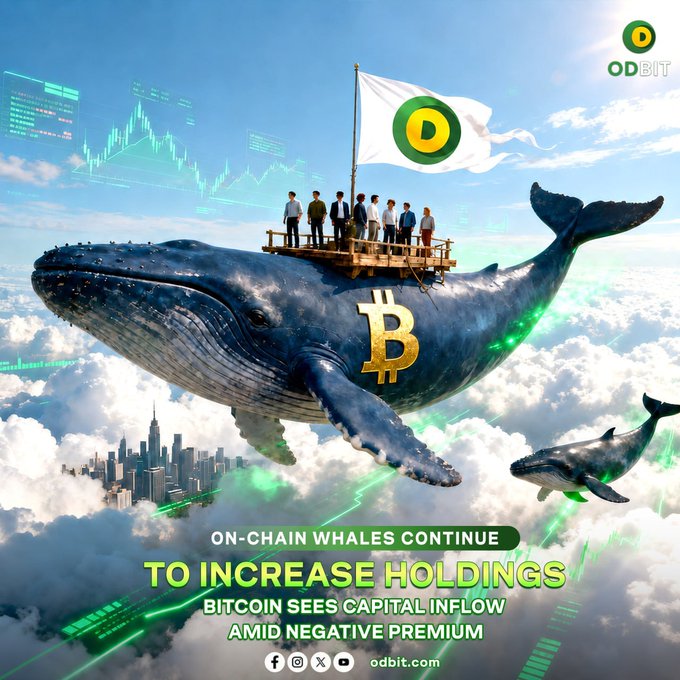 A surreal promotional image by ODBIT features a giant whale soaring through clouds above a city, with a Bitcoin symbol on its side, a platform carrying several people, and an "O" flag, alongside smaller whales and green candlestick charts—visually reinforcing the post's message about on-chain whales increasing BTC holdings and capital inflows amid negative premium.