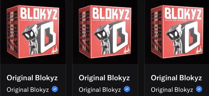 Three identical NFT listings for "Original Blokyz" from the Blokyz Exclusive MIB Collection, each marked with a blue verified checkmark.