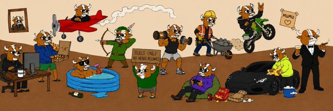 A colorful banner image for the Robinhood token $MUMU features various cartoon bull characters engaged in activities like flying planes, archery, weightlifting, and motorcycle riding, with a sign reading "BULLS ONLY NO BEARS ALLOWED" and another displaying "MUMU" with a heart. The artwork captures the playful, bullish spirit of the $MUMU community on Moby.