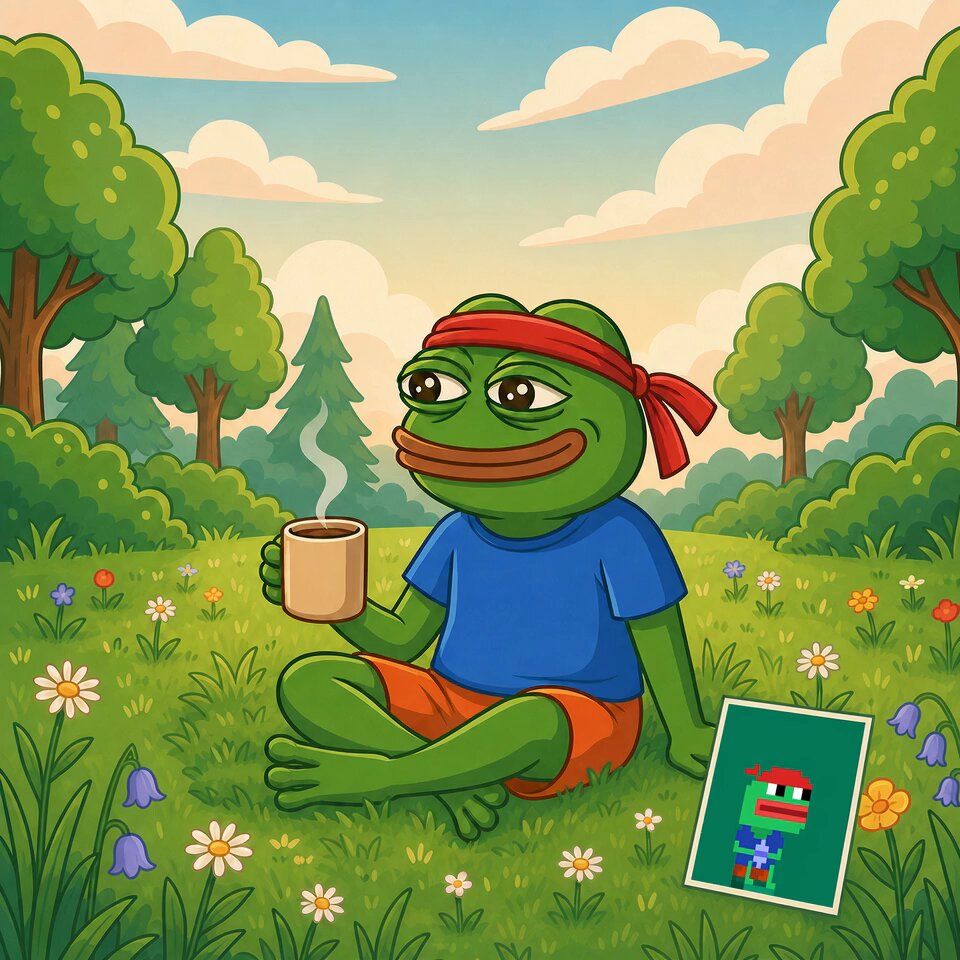 The image features a cartoon frog sitting in a grassy field with trees in the background. The frog has a cup of coffee in its hand, suggesting that it might be enjoying a relaxing break or perhaps even taking a nap. There are also flowers nearby, adding to the overall pleasant atmosphere of the scene. The post about the weekend reads "Gm faaam Haaappy Saturday, legends We HODL and touch graaass at the same timeee", which seems to be related to the cartoon frog in the image.
