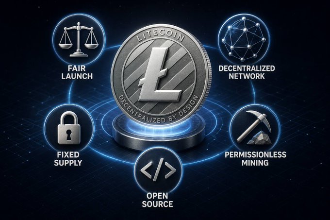 A silver Litecoin coin is centered against a dark blue, high-tech background, encircled by five glowing icons representing its core principles: "FAIR LAUNCH" (scales), "DECENTRALIZED NETWORK" (a network node graphic), "FIXED SUPPLY" (a padlock), "PERMISSIONLESS MINING" (a pickaxe), and "OPEN SOURCE" (code brackets). The text "LITECOIN" and "DECENTRALIZED BY DESIGN" are engraved on the coin itself. This visual reinforces the post's message by highlighting Litecoin's unique origin, illustrating that it was launched without pre-mining, venture capital, or other insider privileges, distinguishing it from many modern tokens that have heavy insider unlocks and controlled supply.