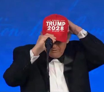 A man in a tuxedo adjusts a red "TRUMP 2028" cap at a microphone against a blue backdrop. The image ties to the post's cryptic 2/28 and Binance references, hinting at speculation or symbolism around a future 2028 Trump bid alongside crypto exchange themes.
