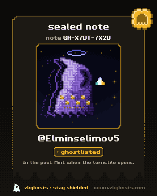 A pixel-art "sealed note" (note GH-X7DT-7X2D) for @Elminselimov5 is marked "ghostlisted" on zkghosts, featuring a purple-hooded ghost with stars and a halo, captioned "In the pool. Mint when the turnstile opens." — visually supporting the post's pitch to join the zkghosts ghostlist despite skepticism over the project's name similarity.