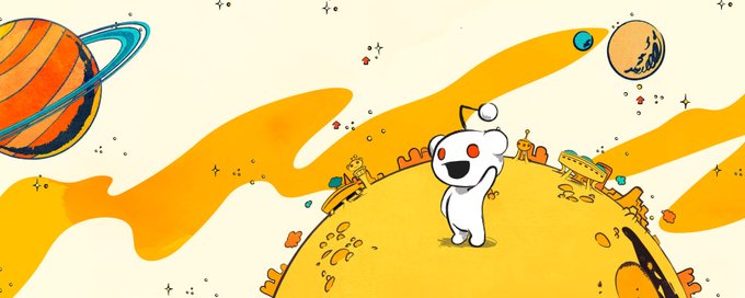A cartoon illustration features a small white dog-like character standing on a yellow planet with Saturn and other celestial bodies visible against a cream-colored space background.