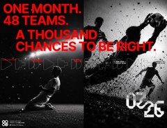 The image features a poster for a soccer game, which includes two different scenes of players engaged in various activities related to the sport. The poster has a black background with white text that reads "One month, 18 teams. A thousand chances to be right." Below this statement is an illustration depicting a player kicking a ball on the field and another player attempting to block it. The poster also includes a logo for the U26 club in the bottom left corner of the image.
