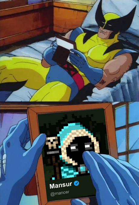 A two-panel meme showing Wolverine from X-Men reading a book titled 'Mansur' by @mancer, which displays a pixelated portrait on its cover.