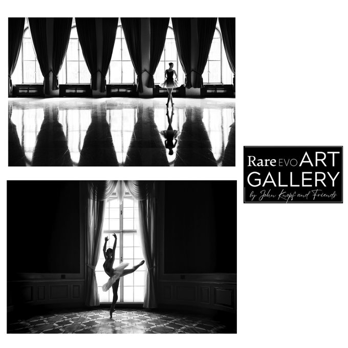 A promotional graphic for 'RareEvoART GALLERY by John Knopf and Friends' featuring two black-and-white photographs of ballerinas dancing near large windows.