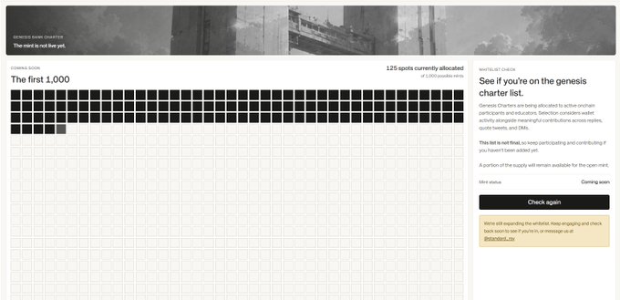 A screenshot of a website titled 'The first 1,000' with a grid of dark squares, showing a 'COMMING SOON' status and a 'Check again' button for a Genesis Charter list.