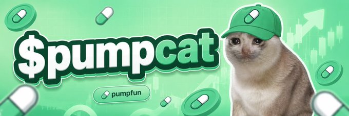 The image shows a promotional graphic for "$PUMPCAT" featuring a cat wearing a green pill-themed cap against a green background with pill icons and an upward trending chart, referencing the meme coin giveaway on the Pump.fun platform with the contract address 7mki412wXATW1T3m9YVw6Msxu1JcJtDuT72Ft4Qfpump shared in the post.
