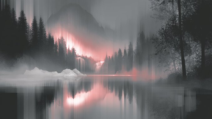 A misty, atmospheric landscape featuring dark silhouettes of pine trees, mountains, and a calm reflective lake illuminated by a reddish-pink glowing light in the background.
