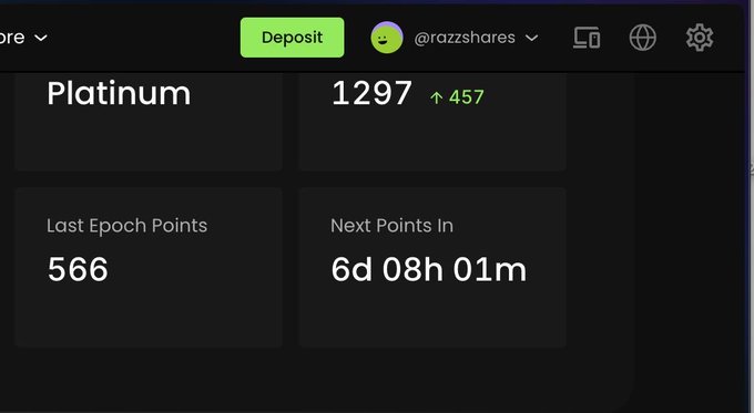 A dark-themed dashboard interface showing 'Platinum' rank with 1297 points (up 457), Last Epoch Points of 566, and a countdown for Next Points In at 6d 08h 01m, with a Deposit button at the top for user @razzshares.
