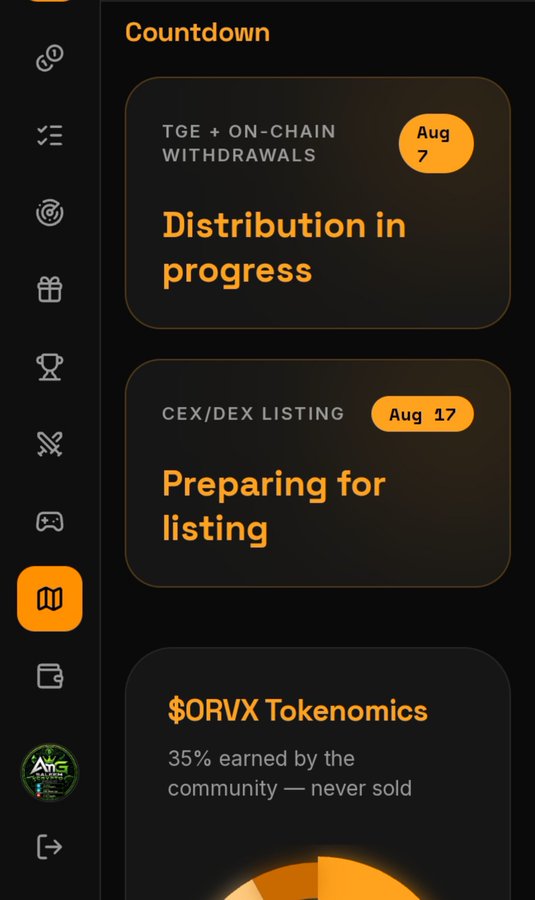 A countdown webpage interface showing "TGE + ON-CHAIN WITHDRAWALS Distribution in progress" for Aug 7, and "CEX/DEX LISTING Preparing for listing" for Aug 17, along with $ORVX Tokenomics information.
