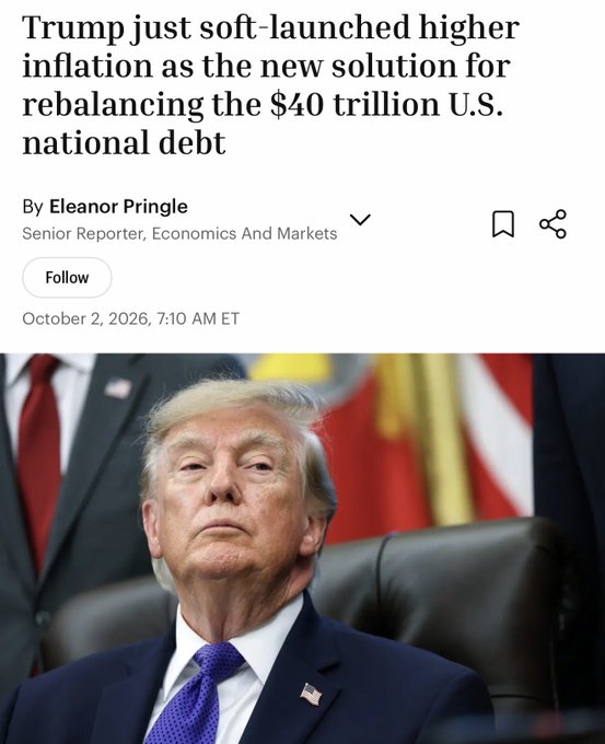 A news article screenshot by Eleanor Pringle titled 'Trump just soft-launched higher inflation as the new solution for rebalancing the $40 trillion U.S. national debt', dated October 2, 2026, featuring a photo of Donald Trump.
