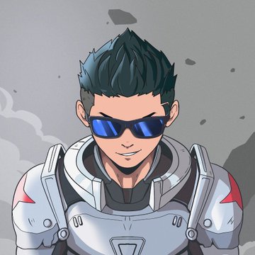 The image features a man wearing a silver suit with a red star, sunglasses, and a helmet. The man has spiky hair and is smiling at the camera. The caption of the image reads "Bought some @Racerz_eth cause the art by @Michelangel_art is fiiiiire". This suggests that the artist who created this image might have been inspired by the character "@Racerz" from a video game or comic book, and they decided to create an illustration of him in a suit with a helmet. The post also mentions that the art was bought for $1, which could be due to its popularity or rarity among collectors.