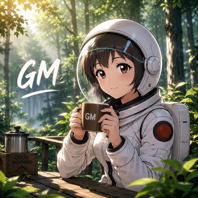An anime-style illustration shows a girl in a spacesuit holding a mug labeled 'GM' in a forest setting, with 'GM' written in white text on the left side.