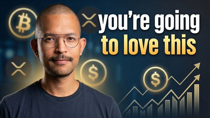 A promotional crypto graphic shows a man beside Bitcoin, dollar, and chart symbols with the text “you’re going to love this.”
