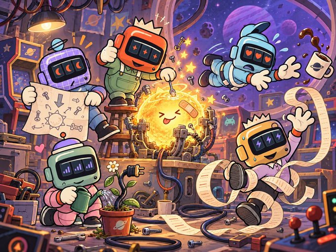 A colorful digital illustration depicting cartoon robots with pixelated screens for faces working in a whimsical workshop with a glowing sun-like character, tools, and a space-themed background.
