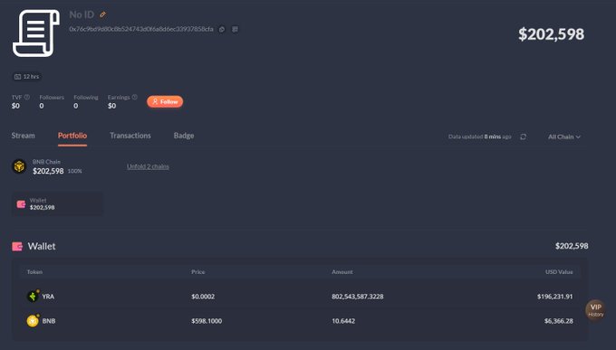 A cryptocurrency wallet portfolio dashboard showing 'No ID' with a total value of $202,598, displaying holdings in YIBA ($196,231.91) and BNB ($6,366.28).