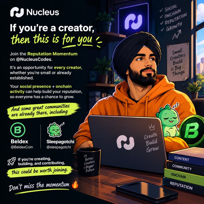 An illustrated advertisement for 'Nucleus' targeting creators, featuring a man in a turban and orange hoodie at a laptop, with text about 'Reputation Momentum' and logos for Beldex and Sleepagotchi.