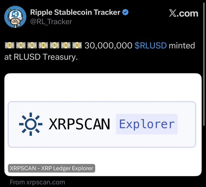 A tweet from Ripple Stablecoin Tracker (@RL_Tracker) reports that 30,000,000 $RLUSD was minted at the RLUSD Treasury, accompanied by an embedded XRPSCAN Explorer link to verify the transaction on the XRP Ledger.