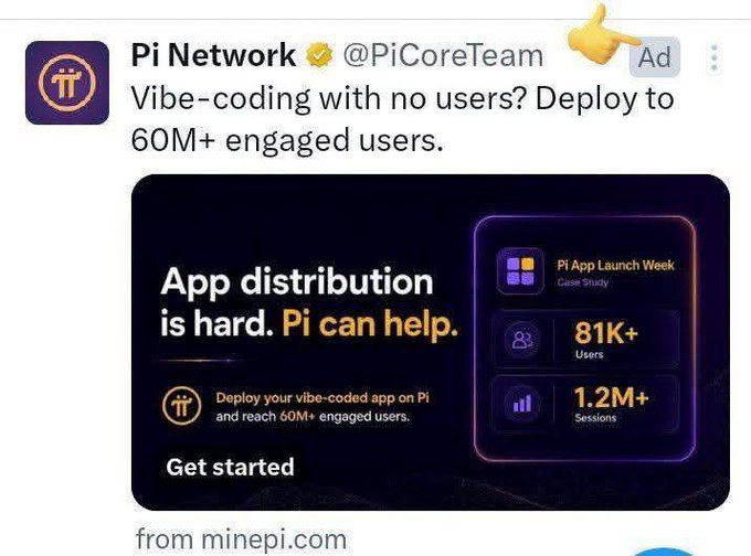 A sponsored X post from Pi Network (@PiCoreTeam) advertises their developer platform with the tagline "Vibe-coding with no users? Deploy to 60M+ engaged users," featuring a case study showing "PI App Launch Week" results of 81K+ Users and 1.2M+ Sessions, with a "Get started" CTA linking to minepi.com—aligning with the post's message that Pi is shifting into ecosystem growth mode by courting developers to build apps on its network.