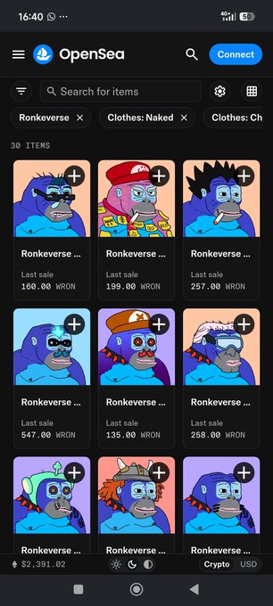 A screenshot of the OpenSea mobile app showing a collection called 'Ronkeverse' with multiple ape NFT items and filters for 'Clothes:Naked' and 'Clothes:Ch...', displaying prices in WRON crypto.