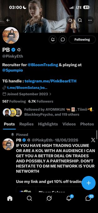 A Twitter/X profile screenshot for "PB @PinkyEth" verified account, describing themselves as "Recruiter for @BloomTrading & playing at @Spumpio" with 567 Following, 6.7K Followers.