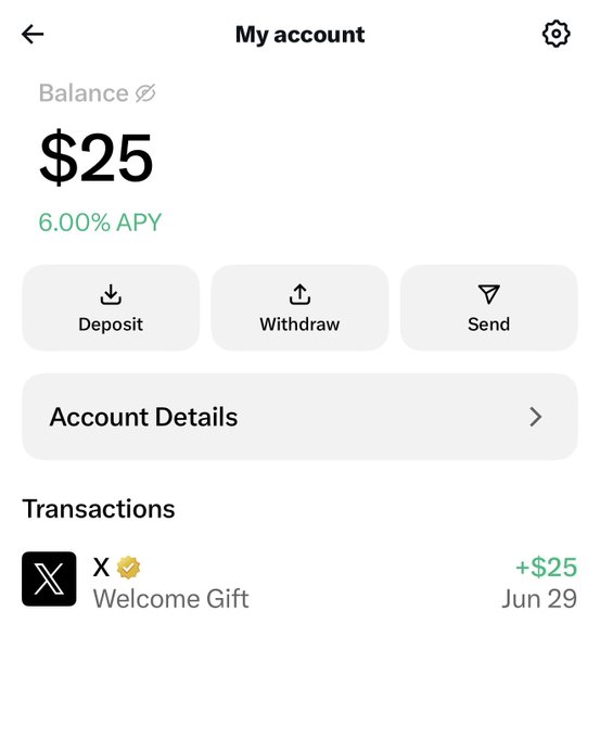 The image shows a "My account" screen displaying a $25 balance with 6.00% APY, along with Deposit, Withdraw, and Send options, and a transaction showing a "+$25 Welcome Gift" from X on Jun 29. This relates to the post celebrating receiving X Money trial access, with the $25 welcome bonus and 6% APY visible, prompting curiosity about the maximum deposit limit for this high-yield account.