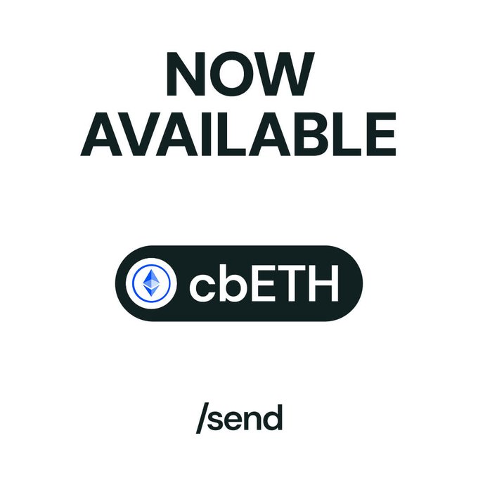 A promotional graphic featuring bold "NOW AVAILABLE" text above a pill-shaped black badge displaying the Coinbase Wrapped Staked ETH (cbETH) logo with its diamond emblem, and "/send" text below—aligning with the announcement that cbETH is now available for sending through the platform.