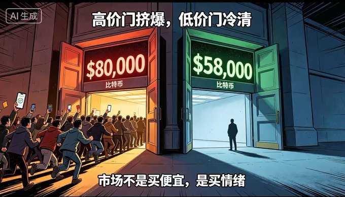 A cartoon-style AI-generated illustration showing a crowd rushing through an open door labeled '$80,000' (比特币/Bitcoin) while a single person stands before another door labeled '$58,000' (低价门/low price door), with Chinese text '高价门挤爆，低价门冷清' (high-price door packed, low-price door empty) and '市场不是买便宜，是买情绪' (the market doesn't buy cheap, it buys emotion).