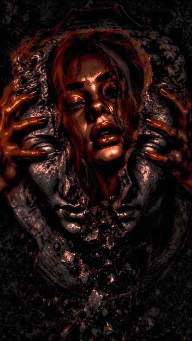 A dark, horror-style digital artwork of a bloodied woman's face with hands clutching her head in distress.