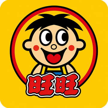 The Wang Wang (旺旺) mascot logo, featuring a cartoon boy with big eyes and a heart-shaped smile inside a red circle on a yellow background.