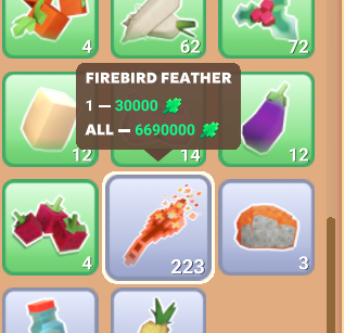 A mobile game inventory screen highlights a "FIREBIRD FEATHER" item, showing stats "1 — 30000" and "ALL — 6690000" above a grid of various pixel art items including vegetables and minerals.