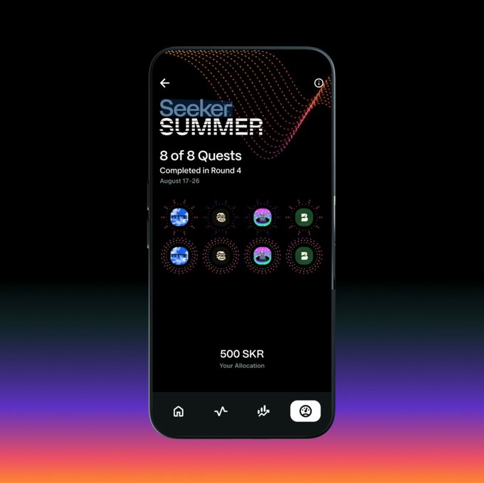 A mobile phone mockup displaying an app screen for 'Seeker SUMMER' showing '8 of 8 Quests Completed in Round 4' and '500 SKR Your Allocation'.
