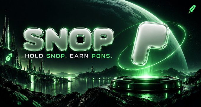 A promotional graphic for 'SNOP' cryptocurrency featuring a metallic 3D logo and the tagline 'HOLD SNOP. EARN PONS.' against a green sci-fi landscape with a planet and futuristic city.