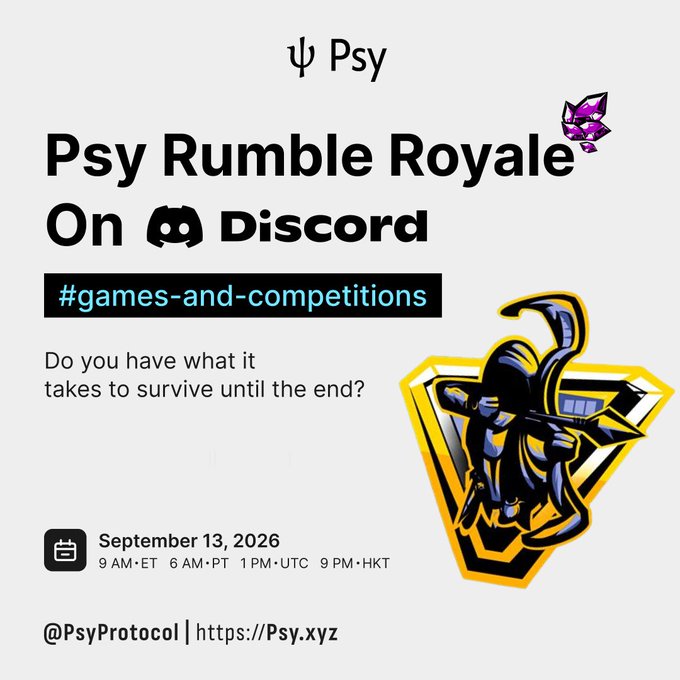 A promotional graphic for the "Psy Rumble Royale" Discord competition by Psy Protocol, scheduled for September 13, 2026, at 9 AM ET, featuring a stylized mascot illustration and inviting players to "survive until the end." The image complements the post by visually announcing the event and its timing, while the caption details the USDT prizes and Breakout Roles awarded to the top three finishers.
