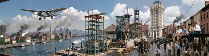 A composite panoramic image showing an early 20th century industrial cityscape with a vintage airplane flying overhead and construction workers building skyscrapers.