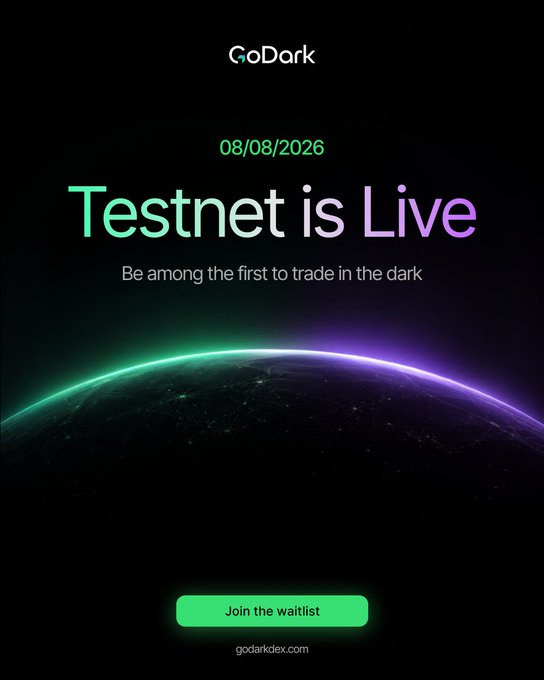 A promotional graphic for GoDark announcing "Testnet is Live" with a launch date of 08/08/2026, featuring an image of Earth from space illuminated in green and purple hues, accompanied by a "Join the waitlist" button and the URL godarkdex.com, aligning with the post's message about their closed testnet going live and inviting users to be among the first to trade privately.