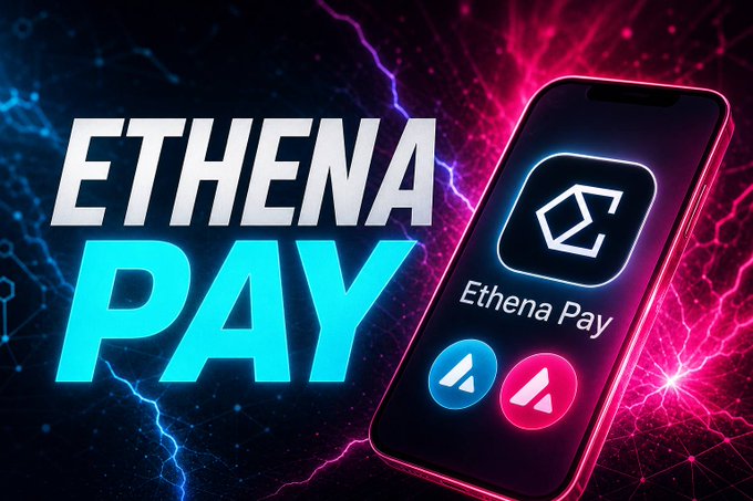 A stylized promotional graphic features a sleek smartphone displaying the "Ethena Pay" app interface with its angular "E" logo and two payment buttons, set against a dramatic background of blue and red lightning bolts with network-style geometric patterns. Bold white and cyan text on the left reads "ETHENA PAY," reinforcing the app's branding shown on the phone screen. The image visually represents the accompanying announcement about Ethena's self-custodial payment app launched on Avalanche, where users can spend USDe, manage fiat bank transfers, earn up to 6% yield, and unlock higher reward tiers by locking $ENA tokens—giving the token real utility within the Ethena ecosystem.