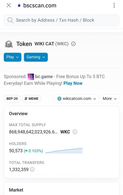 A BscScan page for WIKI CAT (WKC) token shows 50,573 holders and a max total supply of approximately 868.95 trillion WKC, suggesting the post is celebrating growth in the token's holder base over time.