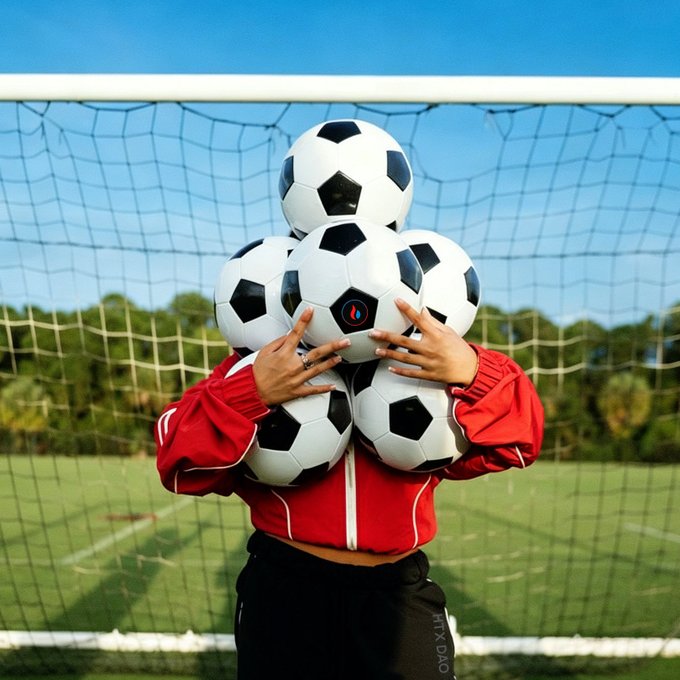 A person in a red jacket stands in front of a soccer goal net, holding a stack of multiple soccer balls that obscure their head and face, with text on their black pants reading "MIX DAO." The playful scene of juggling or balancing numerous soccer balls visually echoes the post's weekend, "charging up" vibe tied to #HTXDAO.