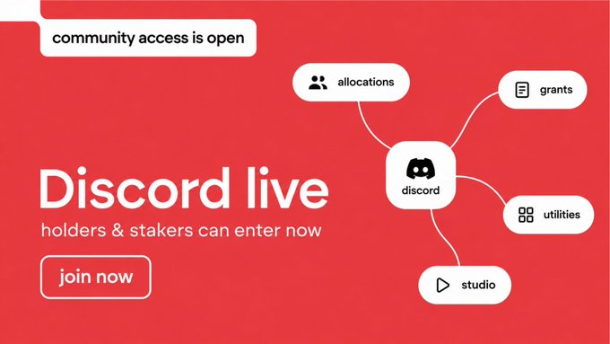 A red promotional banner for 'Discord live' stating 'community access is open' and 'holders & stakers can enter now', featuring a central Discord icon branching out to 'allocations', 'grants', 'utilities', and 'studio'.