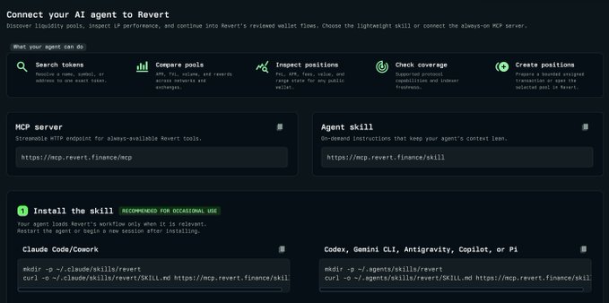 The image shows a dashboard for connecting an AI agent to Revert, featuring options to search tokens, compare pools, inspect positions, check coverage, and create positions, along with MCP server and agent skill installation instructions. The accompanying post explains that Revert's AI agent integration is live, enabling users to discover liquidity pools, analyze LP performance, and prepare wallet transactions. The dashboard visually represents this functionality by providing tools to streamline on-chain actions like position management and transaction preparation.