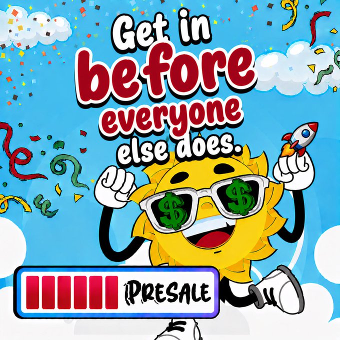 A cartoon gold coin character wearing dollar-sign sunglasses holds a rocket, with the text 'Get in before everyone else does.' and a 'PRESALE' progress bar.