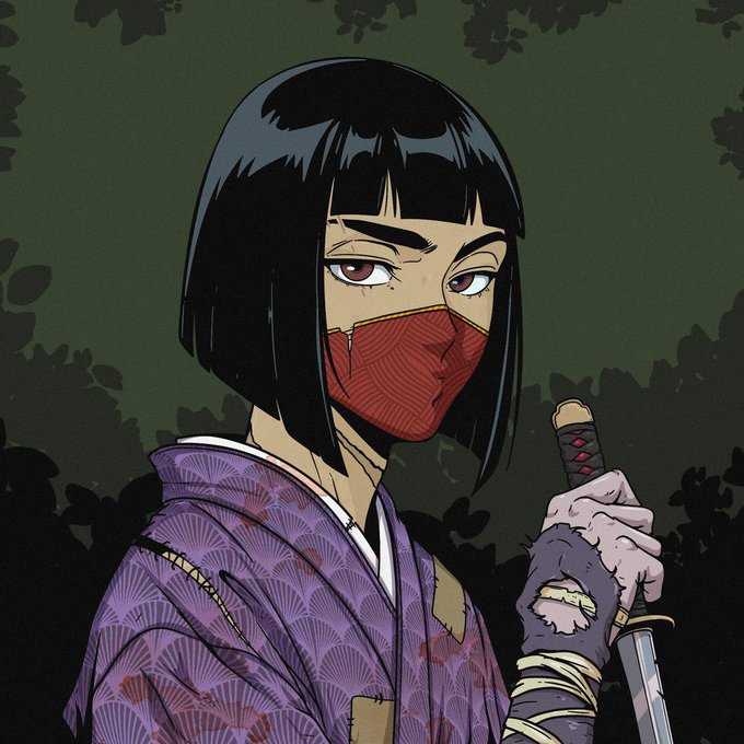 An anime-style illustration depicts a masked, sword-wielding warrior in a purple kimono with a dark, moody forest background. The image's stylized "ronin" or survivor aesthetic aligns thematically with the "Survivors One" NFT giveaway, reinforcing the post's concept of a 2,222-supply collection on the ETH chain through its lone, battle-ready figure.