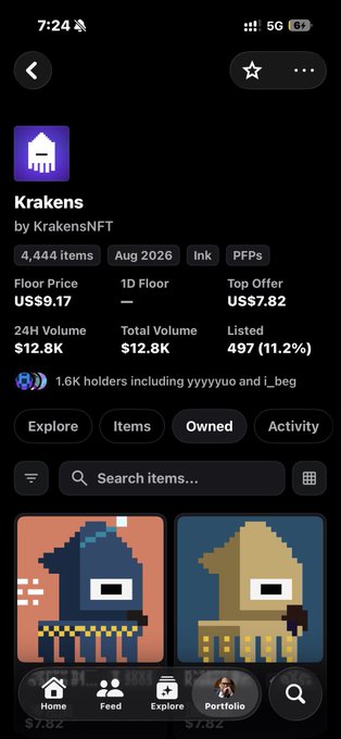 A mobile app screenshot for 'Krakens by KrakensNFT' showing 4,444 items with a floor price of US$9.17, and pixel art NFT previews visible at the bottom.